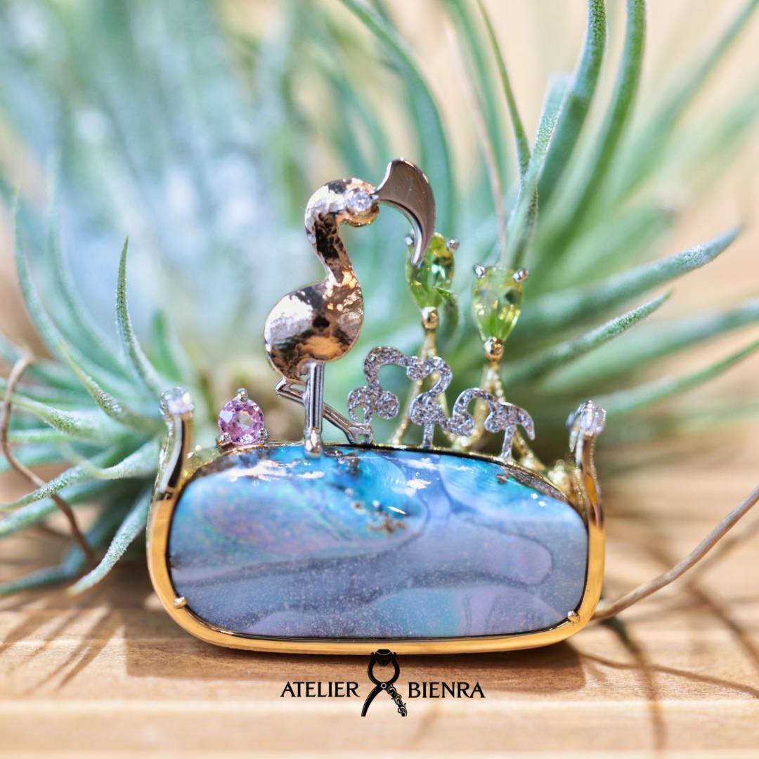 フラミンゴ ブローチ・ネックレス2way ボルダーオパール3.5ct